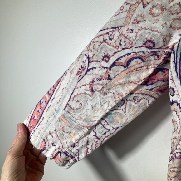 Womens Chicos Linen Zip Jacket Cream Orange Design M Pockets 3/4 Sleeve - Picture 4 of 11